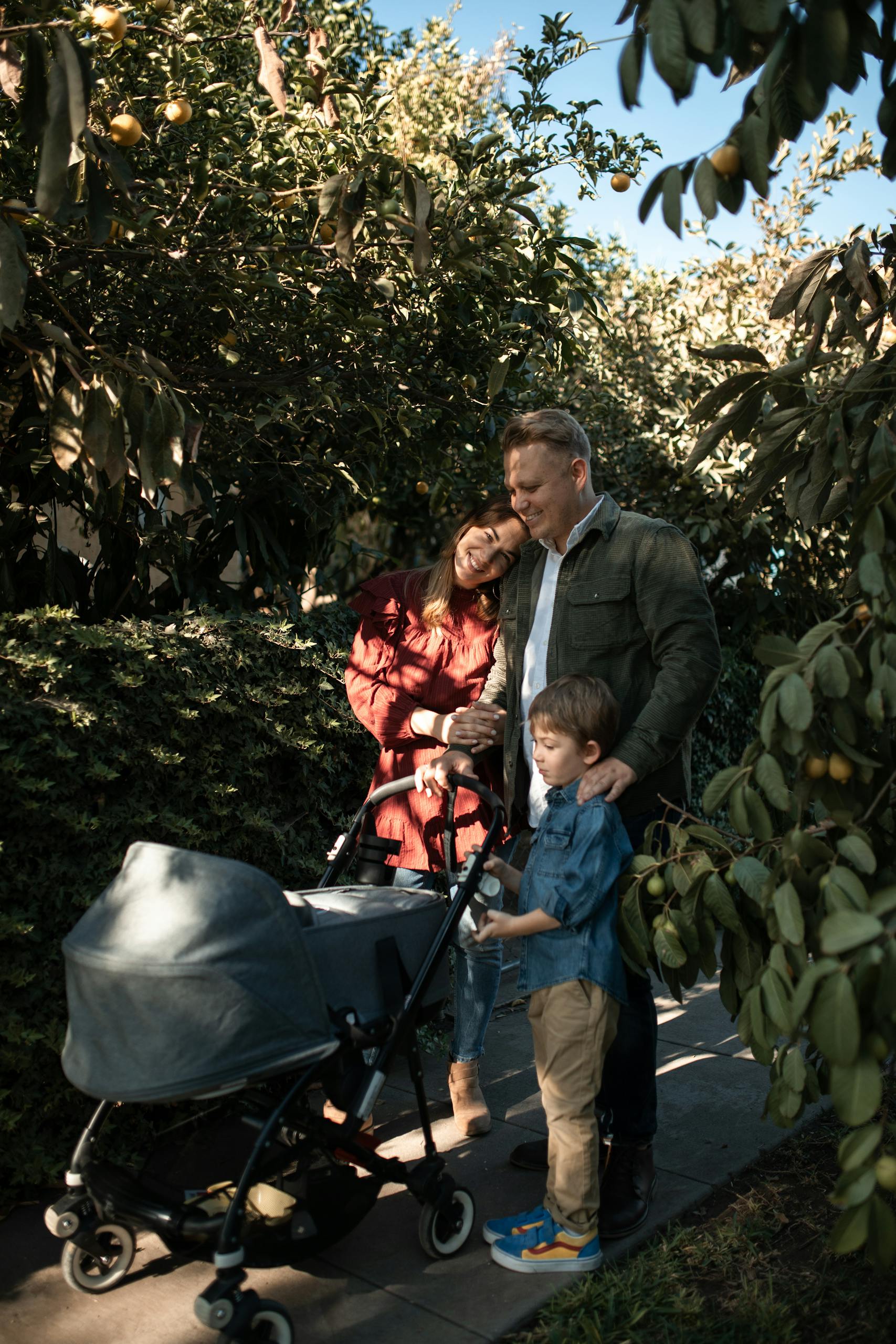 Family enjoying a sunny walk in the park, pushing a stroller, surrounded by greenery.